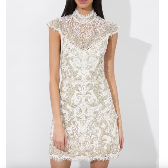 Alice + Olivia PRIA White Beaded Rhinestone Crystal Mini Dress Lace - Size 2 - Picture 1 of 14